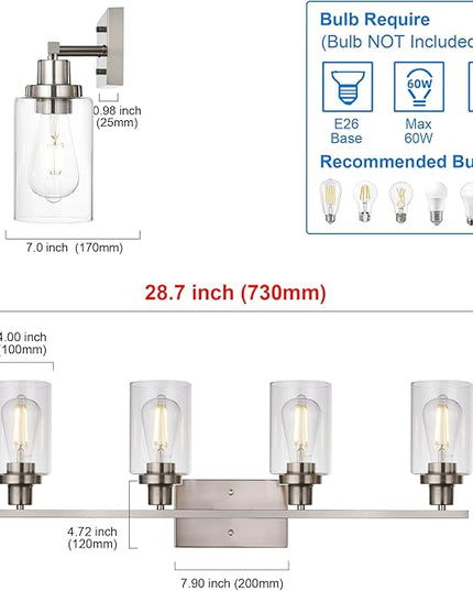 MELUCEE Bathroom Light Fixtures Brushed Nickel 4 Heads Modern Vanity Lights Wall Sconce with Clear Glass Shade for Hallway Kitchen Bedroom Living Room (Patent No.: US D963914 S)