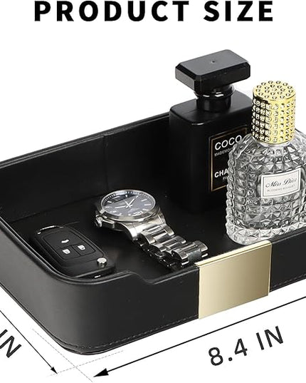 SANZIE Luxury Leather Tray Desktop Storage Catchall Organizer Decorative Tray for Entryway Table to Hold Jewelry Watch Keys Phone Wallet (Metal Glided, Black)