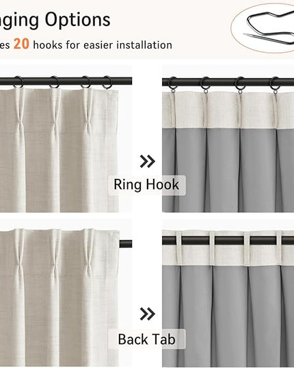 100% Blackout Shield Polyester Pinch Pleated Curtains Blackout, Pleated Drapes with Hooks 96 Inch Long 2 Panels Set, Polyester Blackout Curtains for Bedroom & Living Room, 40" W x 96" L, Beige