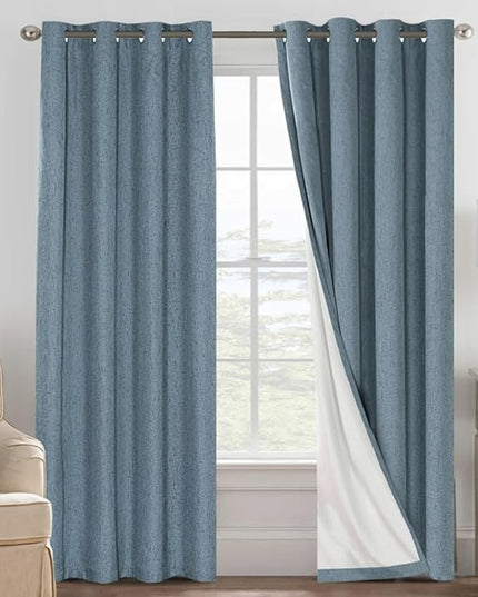 H.VERSAILTEX Linen Blackout Curtains 108 Inches Long 100% Blackout Thermal Insulated Textured Linen Look Curtain Draperies Anti-Rust Grommet, Energy Saving with White Liner, 2 Panels, Stone Blue