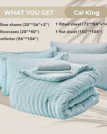 HYMOKEGE Lake Blue California King Comforter Set Seersucker 7 Pieces, All Season Luxury Bed in a Bag for Bedroom, Bedding Set with Comforters, Sheets, Pillowcases & Shams