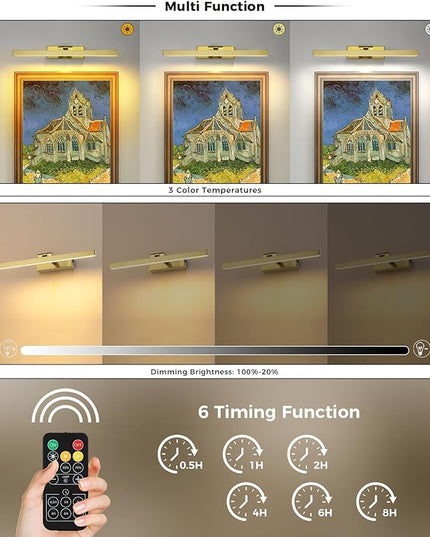 Joosenhouse Battery Operated Picture Light, Wireless Painting Art Light with Remote Control, Dimmable & Timer Function, 15.35" Brass Gallery Light Wall Sconce