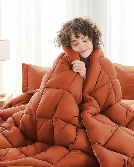 MUXHOMO 7 Pieces King Comforter Set, Reversible Bed in a Bag King Size, All Season Bedding Set with Comforter, Flat Sheet, Fitted Sheet, Pillowcases & Shams, Burnt Orange & Camel