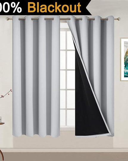 Yakamok 100% Blackout Curtains Energy Saving Thermal Insulated 2 Thick Layers Total Blackout Drapes with Black Liner for Bedroom (52Wx54L, Light Grey, 2 Panels)