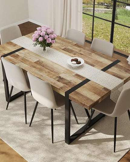 FURNITO 7 Piece Dining Table Set for 6, 71" Wood Kitchen Table Set with 6 PU Leather Chairs, Modern Rectangular Dining Room Table and Chairs Set for Home, Kitchen, or Living Room