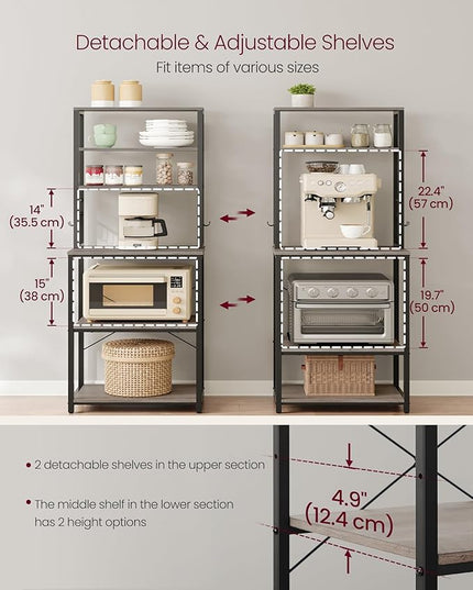 VASAGLE Coffee Bar, 23.6 Inches Baker's Rack for Kitchen with Storage, 6-Tier Kitchen Shelves with 6 Hooks, Microwave Stand, Industrial, Heather Greige and Ink Black UKKS024B02