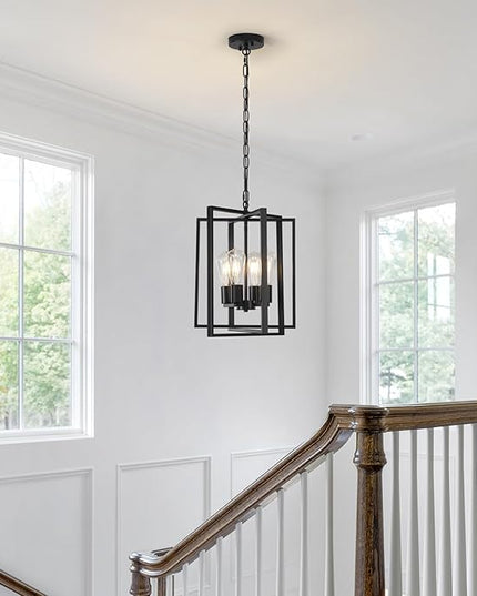 4 Light Modern Farmhouse Chandelier for Dining Room, Black Pendant Lights Fixtures for Kitchen Island, Foyer Lighting Fixtures High Ceiling for Entryway Hallway Living Room Bedroom