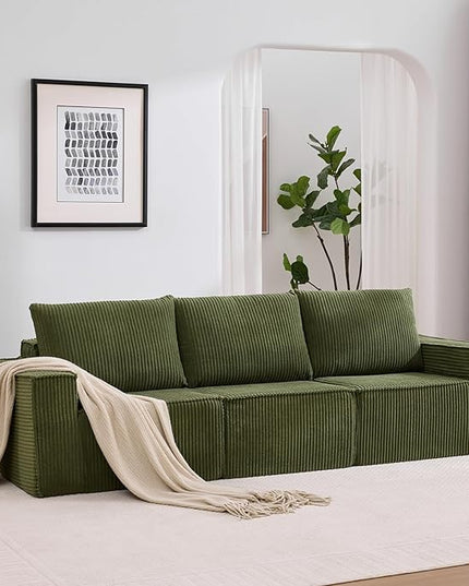 102” Boneless Modular Couch, 3 Seater Cloud Sofa for Living Room, Modern Sectional Sofa with Deep Seat, Comfy Fluffy Loveseat Couch, No Assembly Required, Green