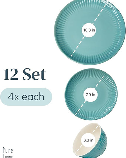 Stoneware Dinnerware Set for 4 People HYGGE 12-Piece - Elegant Scandi Design - Premium Dish Set - Bowl and Plate Set - Tableware for 4 People in a Ribbed Design - Pure Living in Green
