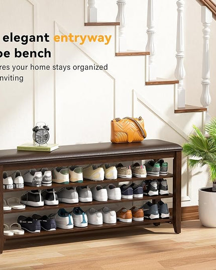 Entryway Shoe Storage Bench with Leather Cushion, Shoe Organizer Bench for Entryway, Ideal for Hallways Front Doors Entrances Mudrooms Featuring Rubberwood And 3 Height-Adjustable and Removable Shelve
