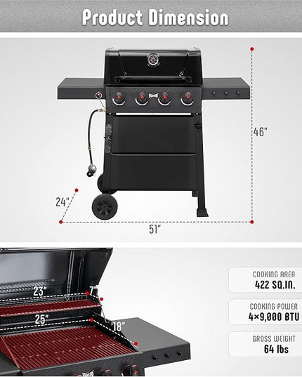 4 Burner Gas Grill, 36,000 BTU Outdoor BBQ Grill with Side Table for Outdoor Cooking & Backyard Barbecue, Premium Enameled Coated Chamber Body with Porcelain-Enameled Grates, Black
