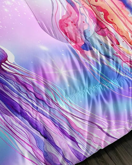 Kawaii Bedding Color Jellyfish Comforter Set King Size,Rainbow Flash Pattern Comforter for Teens Kids Girls Room Decor,Marine Animal Theme Beach Bedding Set with 2 Pillowcases.