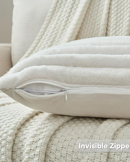 FUTEI Cream Throw Pillow Covers Set of 2, 28x28 Inch Striped Texture Euro Pillow Shams with Soft Faux Rabbit Fur Front & Velvet Back, Modern Decorative Couch Pillows for Living Room