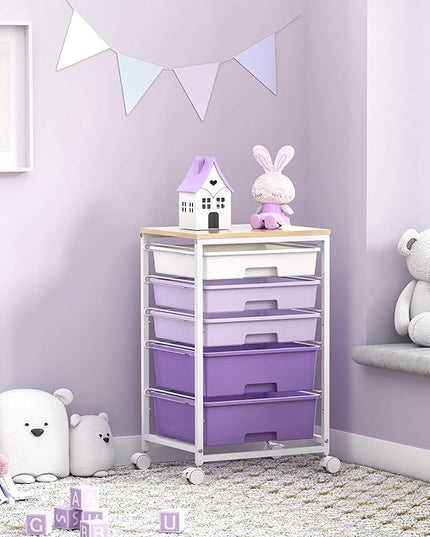 Utility Cart with 5 Drawers,Storage Drawer Cart with Wooden Tabletop and Lockable Wheels,Craft Storage Trolley Cart,5-Tier Rolling Utility Cart on Wheels,Purple