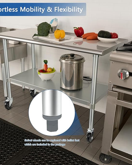 HARDURA Stainless Steel Table with Wheels 24 x 60 Inches Casters NSF Heavy Duty Commercial Work & Prep Table with Undershelf and Galvanized Legs for Restaurant Kitchen Bar and Hotel Garage