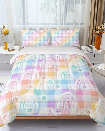 Colorful Boho Rainbow Comforter Set,Colorful Checker 3 Piece Bedding Set Twin for Boy Girl,70s 80s 90s Bedding Quilt Set 70s Decor,Soft Microfiber Lightweight 1 Comforter 2 Pillowcases All Season