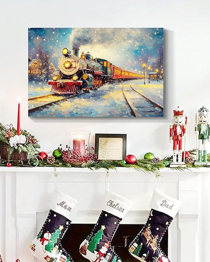 YONICA Christmas Wall Decor Christmas Canvas Wall Art Home Decorations 16x12 Inches - Christmas Train Pictures Charming Snow Scene Prints Winter Painting Xmas Artworks for Living Room Bedroom