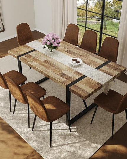 FURNITO Wood Dining Table Set for 8, 71" Large Rectangular Kitchen & Dining Room Table with 8 Suede Upholstered Chairs, Modern Farmhouse Dining Set for Home, Living Room, Office, or Conference Room