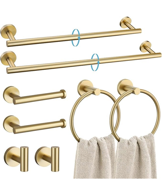 TURS Brushed Gold 8 Piece Bathroom Hardware Set, SUS304 Stainless Steel 24 Inch and 20 Inch Bath Towel Bar Set, Round Bathroom Accessories Kit Wall Mounted