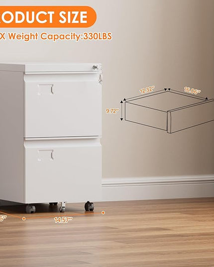 METAN 2 Drawer Vertical File Cabinet with Lock, Mobile Metal Filing Cabinet for Legal/Letter Size, Office Storage File Cabinet Under Desk with Card Holder,Assembly Required,White