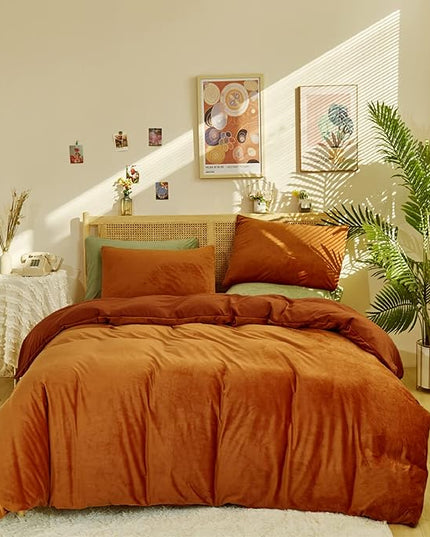 Luxlovery Burnt Orange Fluffy Comforter Cal King Rust Caramel Velvet Bedding Comforter Sets Flannel Winter Sherpa Micromink Blanket Quilts Warm Comfy Soft Bedding Comforter Set
