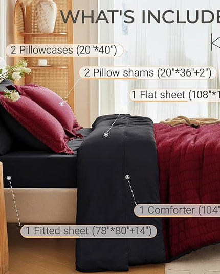 MUXHOMO 7 Pieces King Comforter Set, Seersucker Bed in a Bag King Size, All Season Luxury Bedding Set with Comforter, Flat Sheet, Fitted Sheet, Pillowcases & Shams, Red & Black