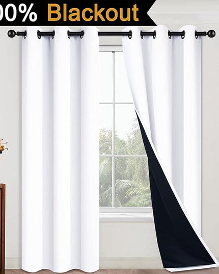 Yakamok Full Blackout Curtains 84 Inches Long,Blackout Curtain Panels for Bedroom, 2 Thick Layers Grommet Top Thermal Insulated Drapes with Black Liner for Living Room(42Wx84L, Pure White, 2 Panels)