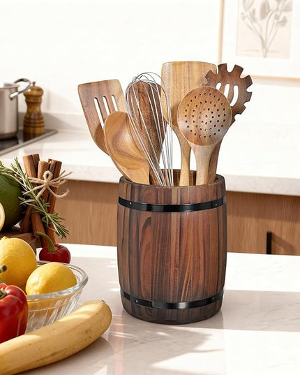 Tomato Garden Wooden Utensil Holder, Brown, Barrel Shape, Holds Spoons and Scoops, Wine Barrel Design, Painted, Smooth Surface, Sturdy Construction