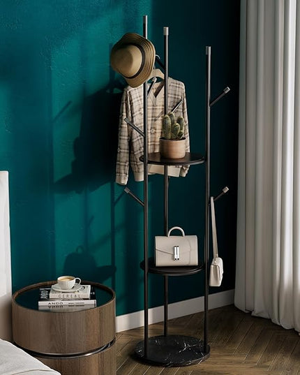 metal Coat Rack whit Marble base,heavy duty coat hanger Stand, Freestanding Coat Racks with 3 Shelves and 9 Hooks,Coat Tree for Entryway, Bedroom, Coats, Bags,purse
