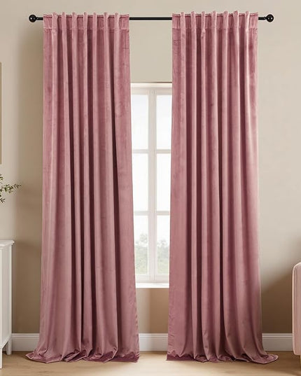 KOUFALL Dusty Rose Mauve Pink Velvet Blackout Curtains for Bedroom Nursery,Romantic Vintage Shabby Chic French Country Curtains for Living Room Black Out 96 Inches Long 2 Panels Set