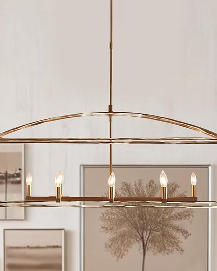Farmhouse Iron Linear Chandelier, Industrial Cage Adjustable Height Hanging Lamp with Hammered Metal Finish, Light Fixtures for Kitchen Island, Dining Room, Hallway, Foyer, Entryway (Brass)