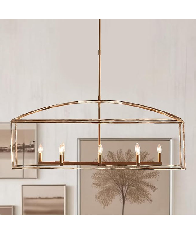 Farmhouse Iron Linear Chandelier, Industrial Cage Adjustable Height Hanging Lamp with Hammered Metal Finish, Light Fixtures for Kitchen Island, Dining Room, Hallway, Foyer, Entryway (Brass)