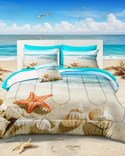 Bedbay Coastal Bedding Girls Boys Full Size Comforter Set with Sheets Beach Themed Bedding Set Ocean Comforter Turquoise Bed Set Full Size Bed in a Bag 8 Pcs Summer Lightweight Comforter(Aqua,Full)