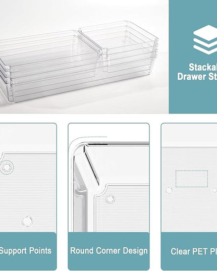 6 Pack Large Clear Plastic Drawer Organizer Trays, Desk Drawer Organizers and Storage Dividers, Non-Slip Storage Bins for Jewelry, Snacks, Office, Bathroom, Bedroom and Kitchen