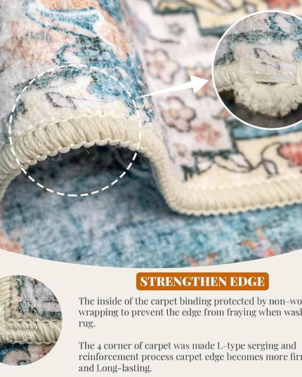 MUJOO Boho Rug 3'x5' Machine Washable Teal Small Area Rugs for Entryway Bedroom Bedside Kitchen Hallway Living Room Laundry Room Indoor Mat Soft Low-Pile Blue Floral Non Slip