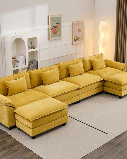 154" Modular Sectional Sofa, Comfy Cloud Couch Sectional Sofa with Ottoman, Chenille Sofa Sleeper Deep Seat Sofa with Throw Pillows for Living Room (Yellow, 154"- U Shape)