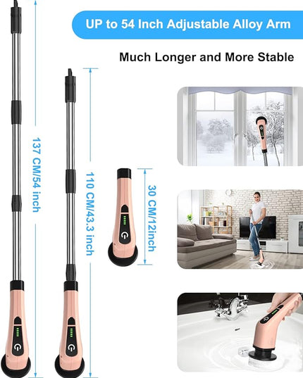 Leebein Electric Spin Scrubber, Cordless Powerful Scrub Brush for Cleaning Bathroom, Kitchen, Shower Tub and Floor Tile with Adjustable Extension Long Handle and 8 Replaceable Brush Heads(Rose)