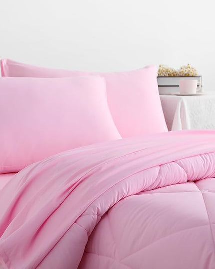 NTBAY Twin Comforter Set with Sheets, 5 Pieces Soft and Breathable Twin Bedding Set, Twin Bed in a Bag, Down Alternative Comforter Set Solid Color All Season, Kids Bedding Set, Pink