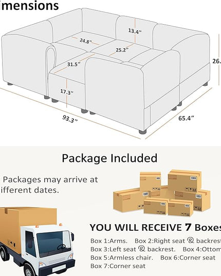 VANOMi Oversized Modular Sectional Sofa, Sleeper Sectional Couches for Living Room, 6 Seats Modular Sofa with Reversible Chaises, Cream White