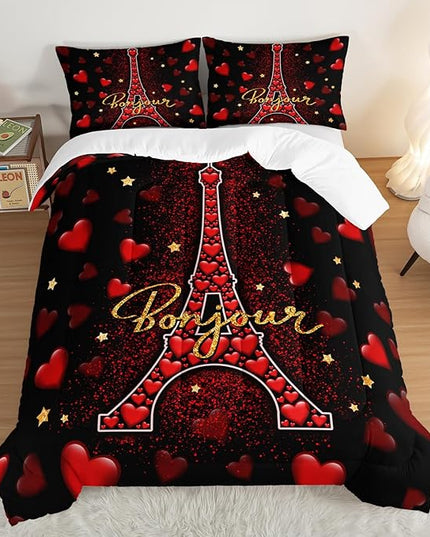 Eiffel Tower King Size Comforter Sets,Red Loving Heart Romantic Couple Bedding Set,Paris Bedding Comforter Sets for Women Room Eiffel Tower Decor with 2 Pillowcases.