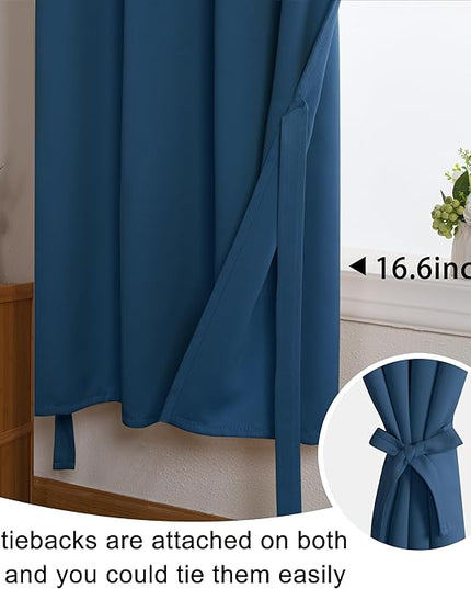 JIUZHEN Blackout Curtains with Tiebacks-Thermal Insulated, Light Blocking and Noise Reducing Grommet Curtain Drapes for Bedroom/Living Room, Set of 2 Curtain Panels, 34 x 24 Inch Length, Classic Blue