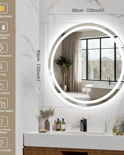 LED Bathroom Mirror 32 Inch Round Bathroom Mirror with Lights, Circle Wall Mirror with 3 Colors Brightness, Anti-Fog for Bathroom Vanity, Entryway Living Room