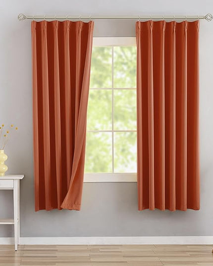 DONREN Burnt Orange Pinch Pleated Blackout Curtains with Hooks - 63 inch Length Room Darkening Thermal Insulated Short Window Curtain Panels for Bathroom Kids Room 2 Panel 40" Wx63 L