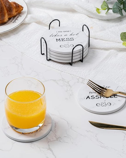 Hoewina 6Pcs Drink Coasters with Holder, Marble Style Ceramic Drink Coaster, Absorbent Coasters Set Suitable for Kinds of Cups, Modern Style Coasters for Coffee Table, 4 Inches（Style 10）