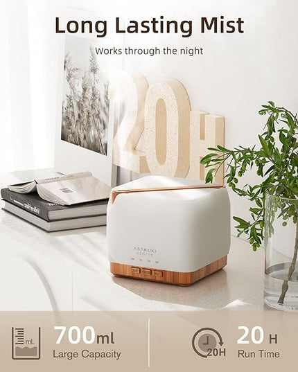 ASAKUKI 700 ml Premium Essential Oil Diffuser, 5 in 1 Ultrasonic Aromatherapy Fragrant Oil Vaporizer Humidifier, Timer and Auto-Off Safety Switch, 7 LED Light Colors