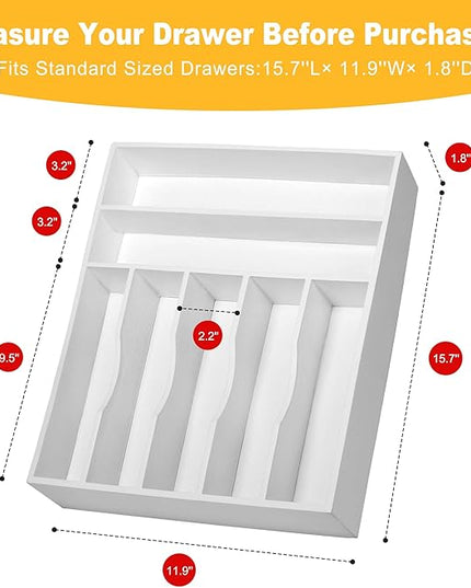 Kitchen Bamboo Silverware Organizer, Kitchen Drawer Organizer - Utensil Holder and Cutlery Tray with Grooved Drawer Dividers for Flatware 7 Slot, White