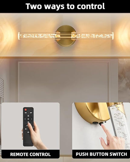 Battery Operated Wall Sconces Set of Two, Gold 20'' Rechargeable Crystal Bubble Wall Sconce with Remote Control, 3000K-6000K Dimmable LED Wireless Wall Lights for Living Room Bedroom Bathroom Hallway