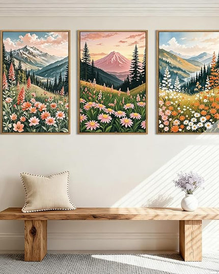 ANHUIB Extra Large Wildflower Wall Art Boho Wildflower Wall Decor 24x36 Inch Colorful Mountain Wall Art Set of 3 for Living Room Bedroom Dining Room