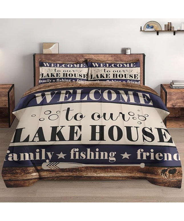 Twin Size Comforter Set with Pillowcase, Welcome Lake House 2 Pcs Bedding for Kids and Adults, Woodboard Family Fishing Cabin Soft Comforter Set for Bedroom Bed Decor