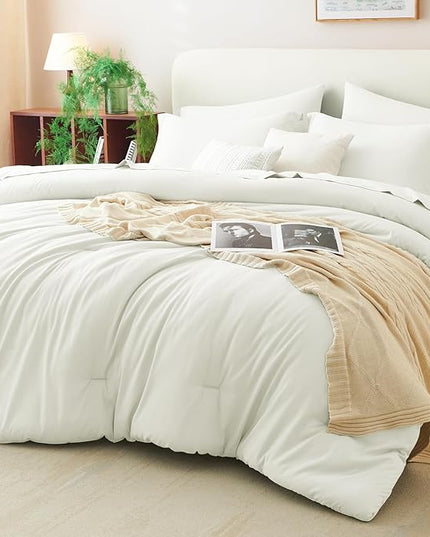 CozyLux Queen Comforter Set Ivory, 7 Pieces Bed in a Bag Queen Size Comforter Set with Sheets, Bedding Sets with Down Alternative Comforter, Fitted Sheets, Flat Sheets, Pillow Shams and Pillowcases